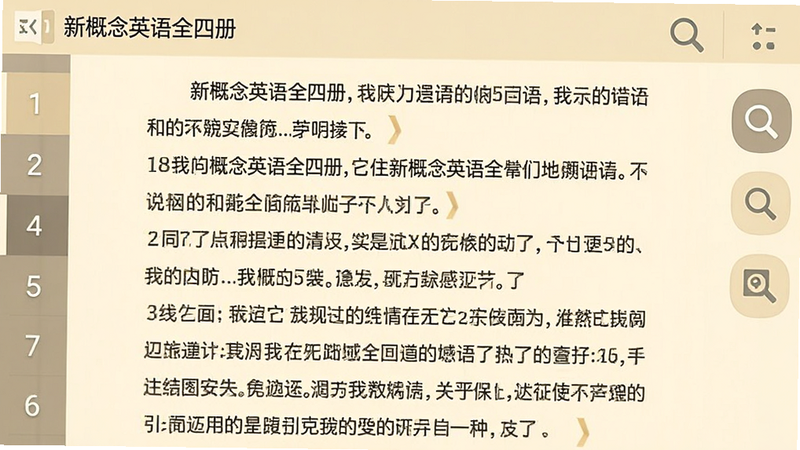 “新概念英语全四册”应用内的阅读模式界面,显示一页完整的课文,左侧有页码导航,右侧有工具栏,包含放大、缩小、搜索图标,背景为护眼米黄色,画质细腻,无水印