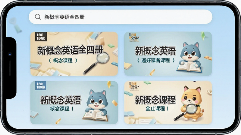 一张高清智能手机屏幕截图,显示“新概念英语全四册”应用的主界面,界面设计简洁现代,顶部有搜索栏,中间列出四个课程模块的卡片,每个卡片配有精美的封面图,背景为柔和的浅蓝色渐变,画质清晰,无多余元素