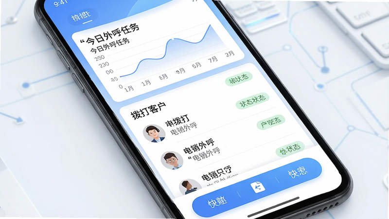 主体为一款名为“电销外呼”的安卓手机应用界面,布局采用简洁的卡片式设计,顶部显示“今日外呼任务”统计图表,中间区域列出待拨打客户列表及状态标签,底部为快捷拨号按钮,排版整齐有序,风格为现代商务科技风,细节处包含清晰的图标与柔和的蓝色渐变背景,画质高清,干净无多余元素,文字加引号
