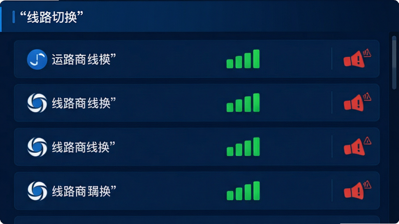 主体为设置页面中的线路管理模块,布局为上下滚动列表,显示不同运营商的线路名称及信号强度图标,排版规整,风格为深蓝色科技风,细节包含绿色的信号满格图标和红色的警告图标,画质清晰,干净,无多余元素,文字加引号