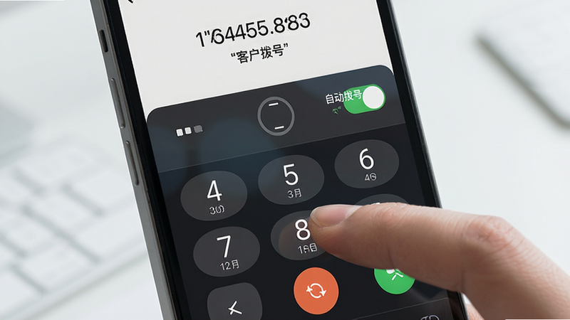 主体展示手机屏幕中的拨号界面,布局中央为大号数字键盘,上方显示正在拨打的号码及客户名称,右侧有“自动拨号”开关状态指示,排版紧凑,风格为极简科技风,细节体现手指点击屏幕的动作,画质清晰,干净,无多余元素,文字加引号