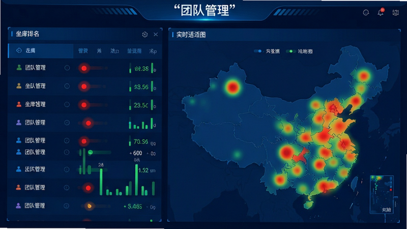 主体为管理后台的数据大屏,布局左侧为坐席排名列表,右侧为实时通话地图热力图,排版宏大,风格为深蓝色科技风,细节包含红色的热点区域和绿色的数据柱,画质清晰,干净,无多余元素,文字加引号