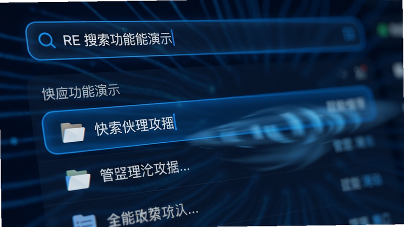 RE文件管理搜索功能演示,顶部搜索框输入关键词,下方快速显示匹配结果,界面响应迅速,动态模糊效果突出速度感,科技蓝配色,高清细节