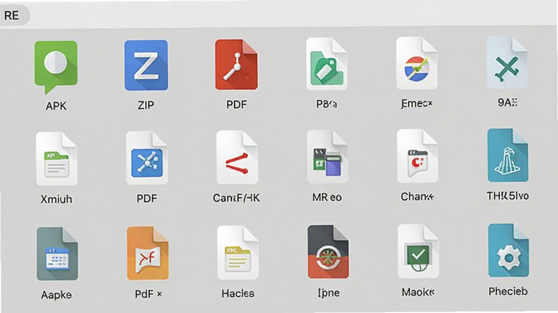 RE文件管理文件列表界面,显示多种文件类型图标,包括APK、ZIP、PDF等,列表排列整齐,背景为浅灰色,文字清晰,扁平化设计风格,4K画质
