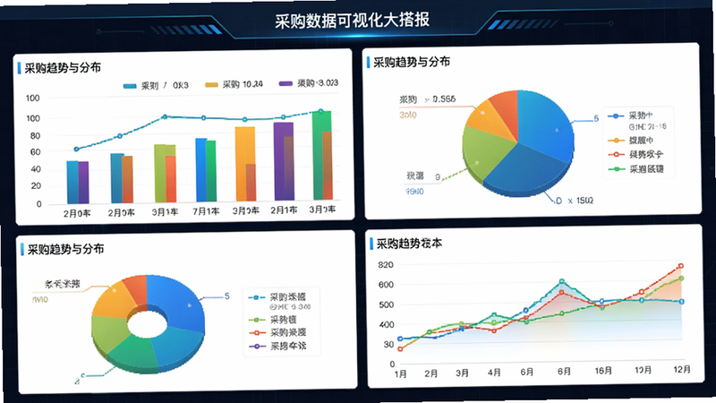 采购数据可视化大屏界面,展示柱状图、饼图及折线图,反映采购趋势与分布,色彩鲜明,对比强烈,布局平衡,风格科技感,细节精准,画质高清,干净,无多余元素