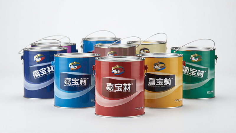 嘉宝莉品牌涂料产品展示图,多罐不同颜色的漆整齐排列,背景干净,光线柔和,细节清晰,风格商业摄影,画质高清,干净,无多余元素