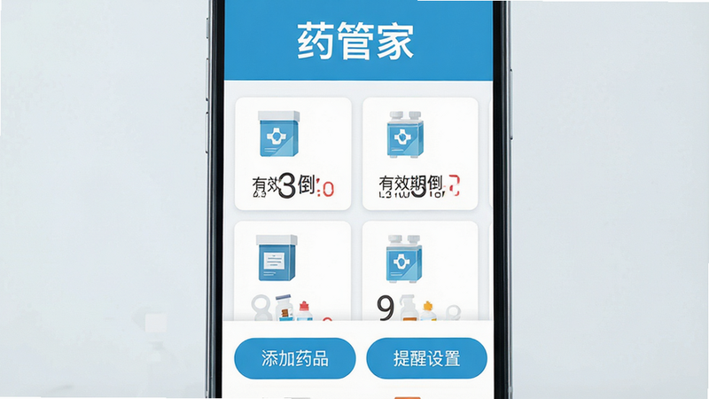�ֻ���Ļչʾҩ�ܼ�APP���棬��ɫ��Ϊ���µ�ҽ�������ɫ��������ʾ��ҩ�ܼҡ����ֱ��⣬�м�������״ҩƷ��Ƭ������ҩ��ͼ������Ч�ڵ���ʱ���ײ��С�����ҩƷ���͡��������á�������ť������ƽ����UI����ִ���4K���壬�޶���װ��Ԫ��