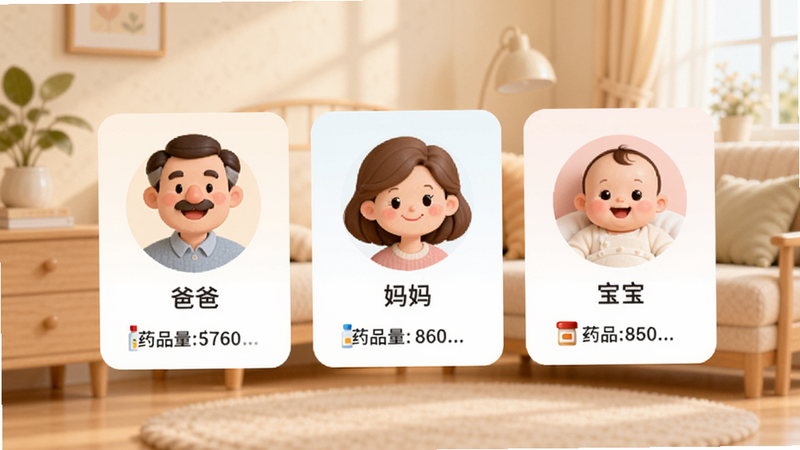 ҩ�ܼ�APP�ļ�ͥ��Ա�������棬չʾ������ͬͷ����û���Ƭ���ֱ��ע���ְ֡��������衱������������ÿ����Ƭ�·���ʾҩƷ������������ͣ������ܰ��ͥ�磬������Ⱦ����������ͨ��������ʵ����