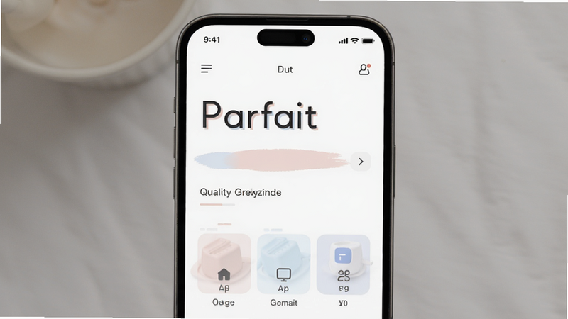 Parfait app interface, minimalist white background, clean typography, soft pastel colors, modern UI design, high quality, no extra elements
