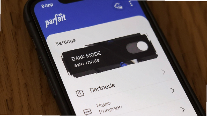 Parfait app settings menu with dark mode toggle switch, clean UI