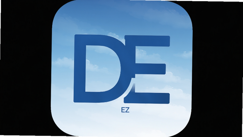 DEBEER EZ应用图标,简洁现代风格,蓝色与白色配色,中心显示字母D和E组合,背景为渐变天空,高清矢量图,无多余元素,干净排版