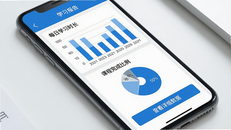 主体为手机屏幕显示的学习报告页面,包含柱状图展示每日学习时长、饼图展示课程完成比例,底部有“查看详细数据”按钮,布局严谨,风格为商务简约风,色彩以蓝白为主,细节准确,画质高清,干净,无多余元素