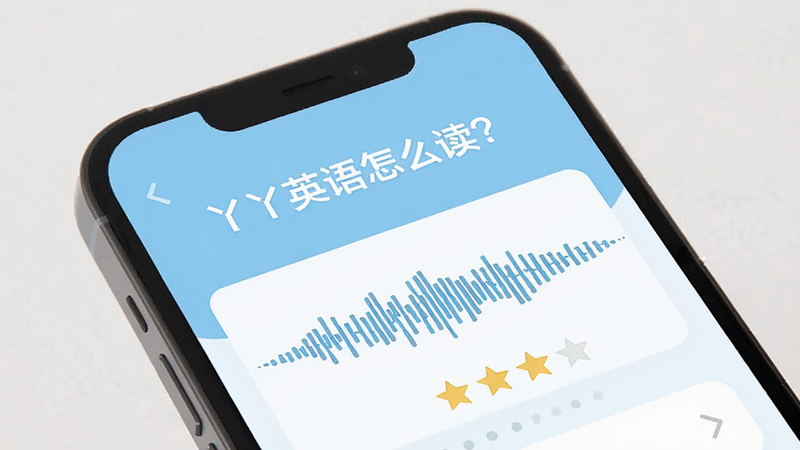 主体为手机屏幕显示的问答界面,顶部是问题“丫丫英语怎么读?”,下方是语音波形图和评分星级,布局简洁,风格为清新扁平风,色彩以浅蓝为主,细节清晰,画质高清,干净,无多余元素