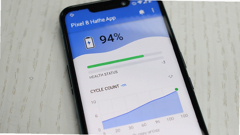 Pixel 8 Battery Health app interface showing a clean dashboard with battery percentage, health status bar, and cycle count graph on an Android phone screen, minimalist UI design, blue and white color scheme, high quality, realistic