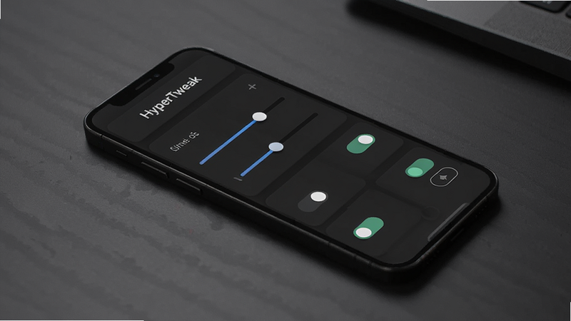 HyperTweak app interface, modern minimalist design, dark mode UI, sliders and toggles visible, smartphone screen, high resolution, clean layout, text