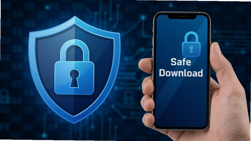 HyperTweak security shield icon, lock symbol, smartphone, blue theme, text