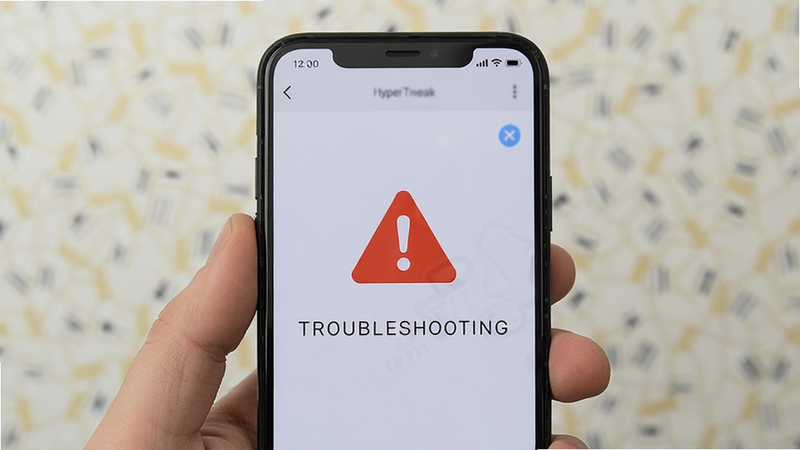 HyperTweak troubleshooting guide, smartphone with warning icon, simple UI, text