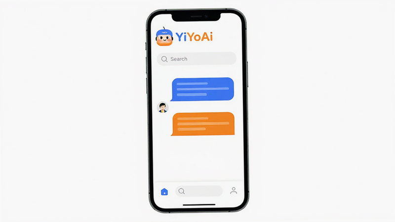 YiYoAi app interface mockup, clean white background, blue and orange accent colors, modern minimalist UI design, smartphone screen showing chat interface and search bar, high resolution, flat vector style, 