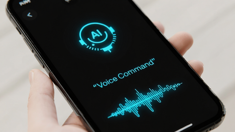 Close-up of a smartphone screen showing a voice command interface with waveform visualization, dark mode theme, neon blue accents, futuristic AI assistant icon, clean UI, text 