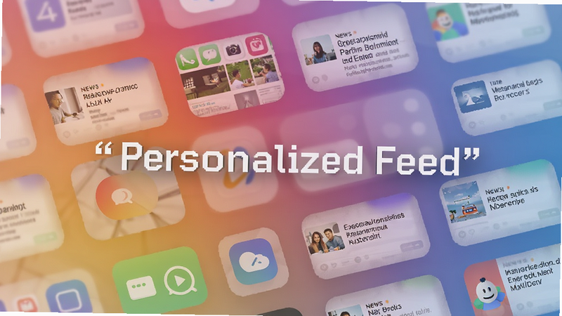 Abstract representation of personalized content feed, grid of colorful app icons and news snippets, soft gradient background, modern tech aesthetic, clean composition, 