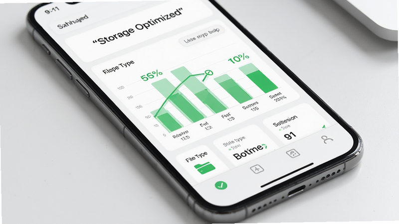 Smartphone storage management dashboard, bar charts showing file types, clean white interface with green success indicators, modern flat design, text 