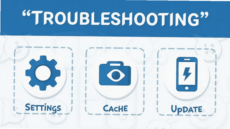 Smartphone troubleshooting guide, icons for settings, cache, and update, clean blue and white color scheme, instructional layout, text 