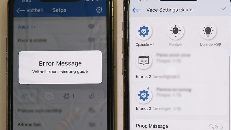 Voltbell troubleshooting guide, error message popup, smartphone settings menu, clean interface, step-by-step icons