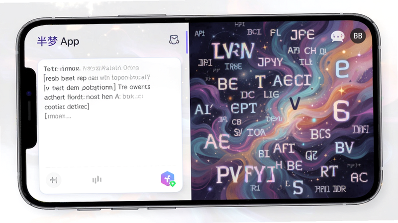 半梦App梦境记录界面,左侧为文本输入框,右侧显示由关键词生成的抽象艺术图案,风格梦幻