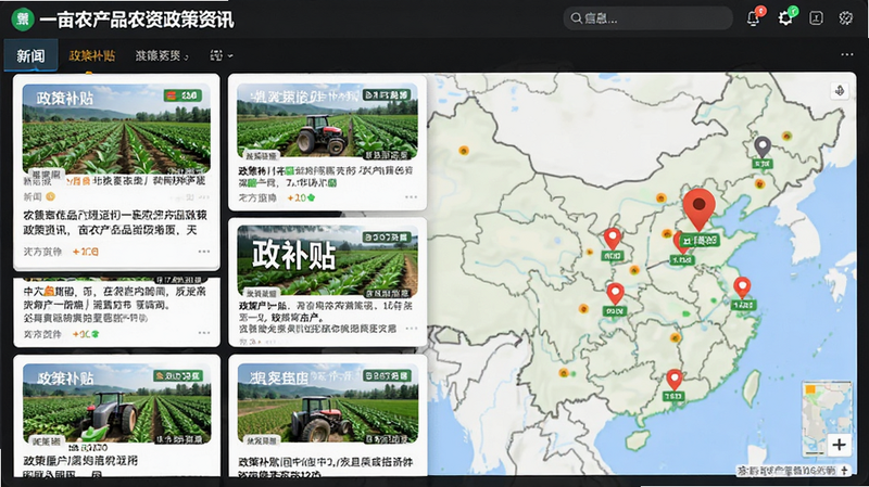 一亩农产品农资政策资讯界面,展示新闻卡片与地图标记,风格信息密集,文字显示“政策补贴”,画质清晰