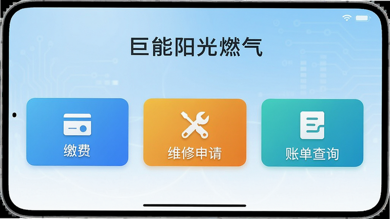 巨能阳光燃气app主界面截图,展示简洁的UI设计,包含“缴费”、“维修申请”、“账单查询”三个主要按钮,背景为浅蓝色渐变,体现科技感与清洁感,高清,无多余元素