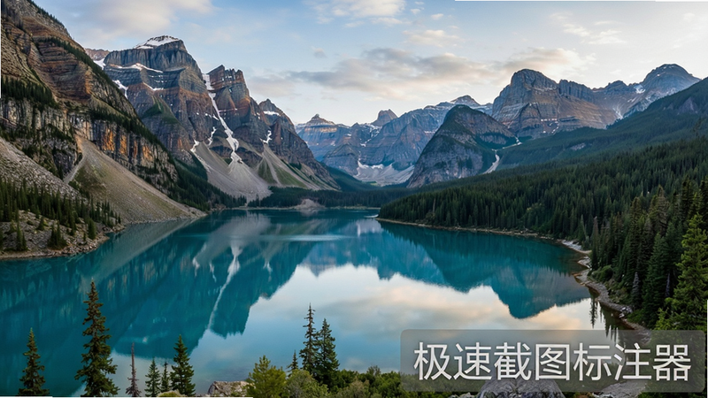 极速截图标注器文字标注功能,截图右下角添加半透明文字水印,背景为风景截图,风格自然,布局合理,细节清晰,画质高