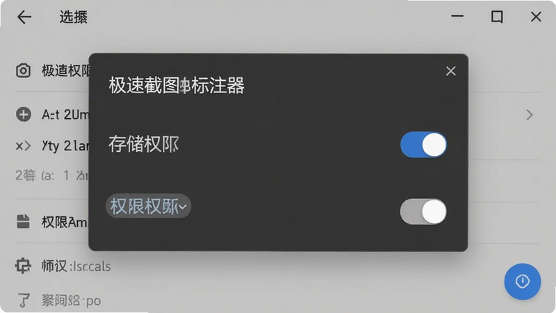 极速截图标注器权限设置界面,展示存储权限开关与悬浮窗权限开关,背景为系统设置页面,风格标准,布局清晰,细节准确,画质干净