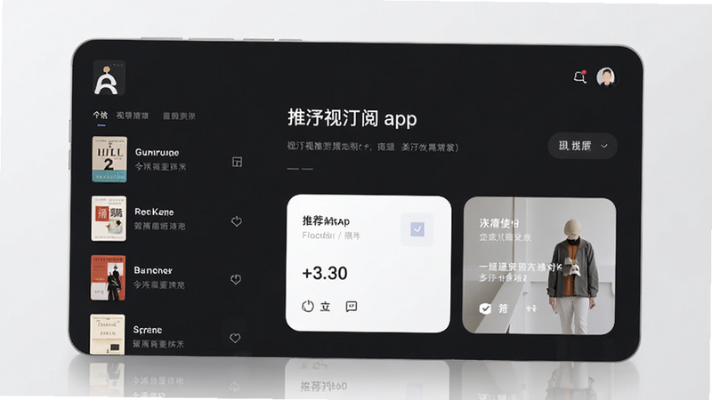 视汀阅 app 主界面预览图,现代简约风格,深色背景搭配柔和文字排版,展示书籍列表与推荐卡片,高清分辨率,干净无多余元素