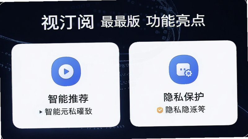 视汀阅 最新版 功能亮点 展示图,突出智能推荐与隐私保护图标
