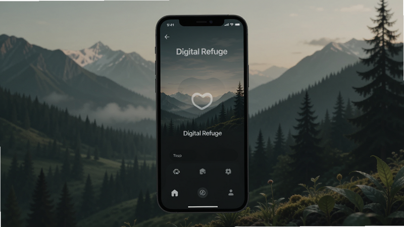 Digital Refuge app interface on smartphone, minimalist dark theme, nature imagery background, calm and serene atmosphere, high quality UI design, clean layout, no text, realistic, 4k