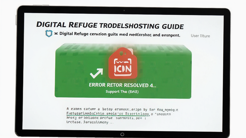 Digital Refuge troubleshooting guide, error icon resolved, user interface with clear instructions, clean white background, professional tech support style, high resolution