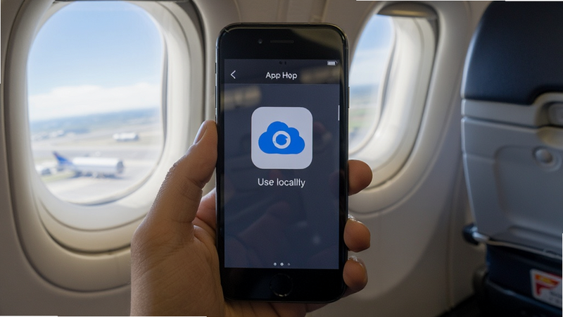 Digital Refuge offline usage example, user on airplane mode, app running locally, simple UI, no network icons, realistic smartphone mockup