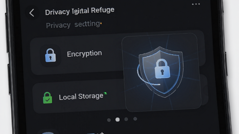 Digital Refuge privacy settings screen, encryption icons, local storage indicator, secure shield graphic, dark mode UI, professional design, high detail