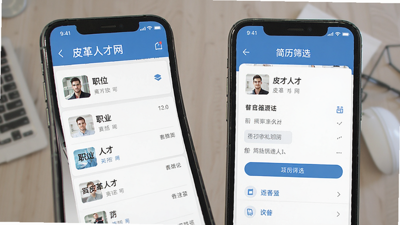 皮革人才网APP界面展示,手机屏幕显示职位列表与简历筛选功能,现代扁平风格UI设计,蓝色主色调,清晰字体,无多余元素,高清画质