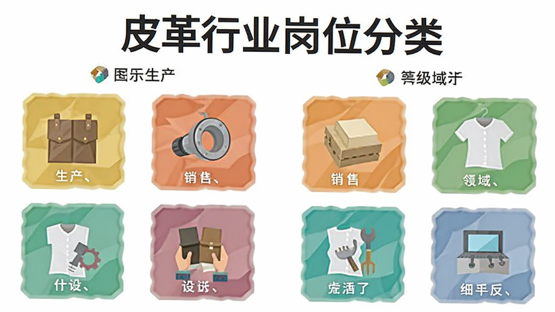 皮革行业岗位分类图标,展示生产、销售、设计等细分领域,扁平图标风格,简洁明了,白色背景