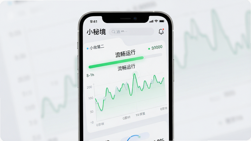 小秘境应用运行状态监控,主体为手机屏幕显示性能图表,布局居中,排版简洁,风格现代科技,细节包含绿色进度条与文字