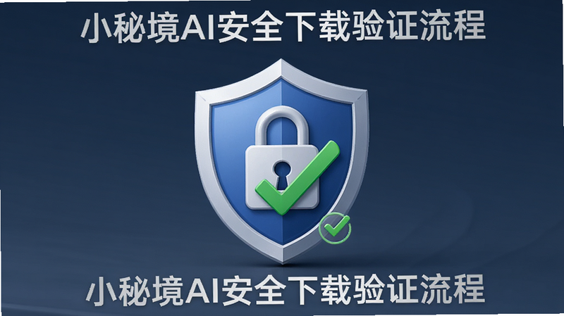 小秘境AI安全下载验证流程,主体为盾牌图标与锁头,布局对称,排版清晰,风格安全专业,细节包含绿色勾选标记,画质高清干净无多余元素