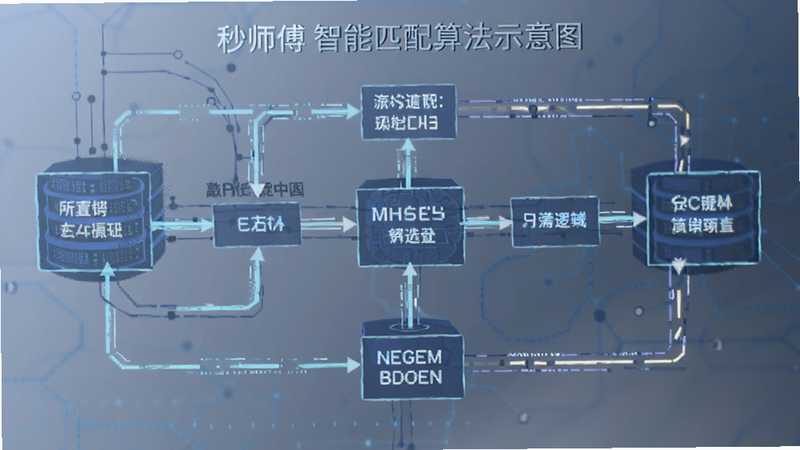 秒师傅智能匹配算法示意图,显示数据流向与筛选逻辑,风格抽象科技