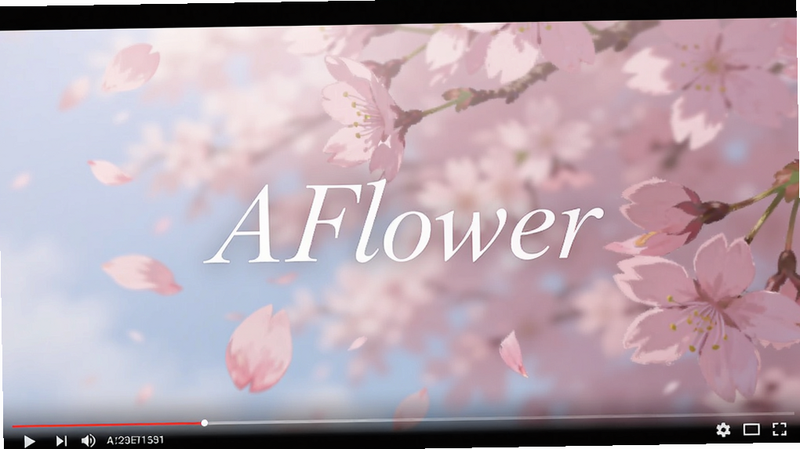 AFlower dynamic cherry blossom animation screenshot, petals falling in slow motion, soft focus background, elegant typography