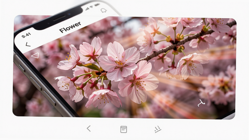 AFlower app interface showing a vibrant cherry blossom wallpaper with dynamic lighting effects, minimalist UI layout, clean white background, high definition, 4k quality, realistic rendering, no extra elements