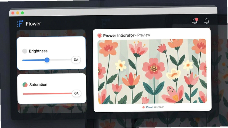 AFlower theme customization interface, sliders for brightness and color saturation, preview window showing modified wallpaper, modern UI design, flat style