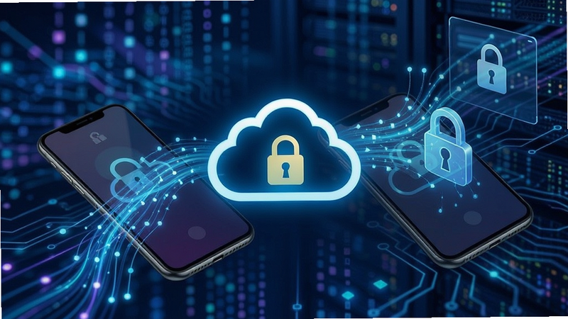 AFlower cloud sync icon, data flowing between two smartphones, secure lock symbol, abstract digital background, tech aesthetic