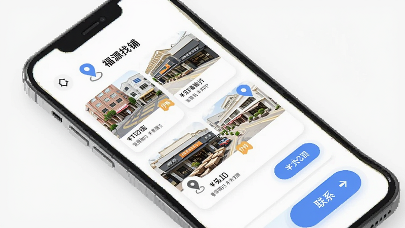 福源找铺APP界面预览图,手机屏幕显示商铺列表,包含地图定位图标、店铺缩略图、价格标签和联系按钮,简洁现代UI风格,白色背景,清晰文字排版,扁平化设计