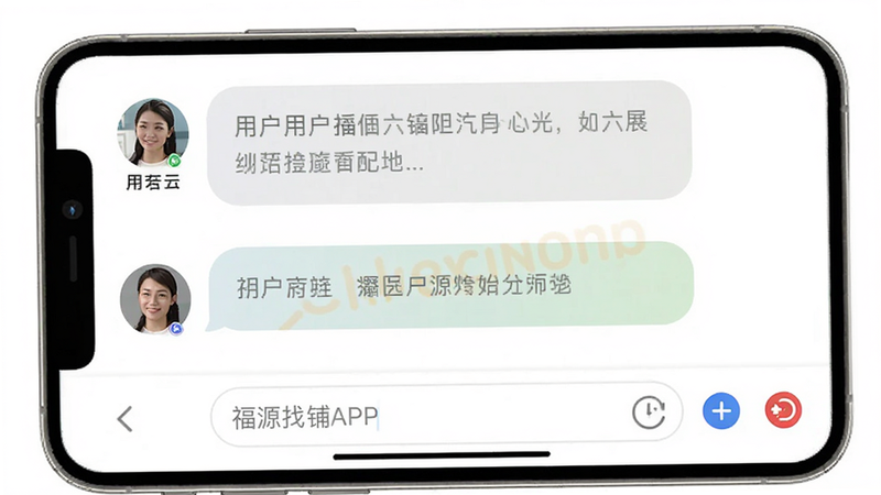 福源找铺APP聊天界面,显示对话气泡,用户头像与房东头像,输入框提示文字,简洁的UI布局,白色背景