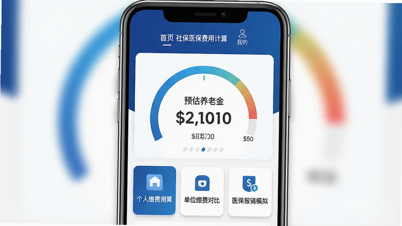 主体为一款名为“社保医保费用计算”的手机APP界面展示图,布局采用竖屏全屏设计,顶部为深蓝色导航栏包含“首页”和“我的”标签,中间核心区域显示一个巨大的数字仪表盘,展示预估养老金金额,下方排列三个功能入口卡片:个人缴费测算、单位缴费对比、医保报销模拟,整体风格为现代扁平化UI设计,配色以科技蓝和白色为主,细节处有细微的阴影增加立体感,画质高清,干净无多余元素